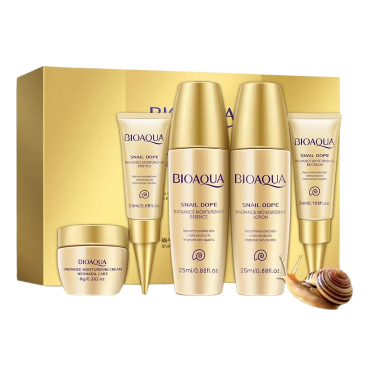 Kit Aclarante y Humectante Cuidado Facial Rutina Completa Baba de Caracol y Colageno Alta Concentración, Rejuvenecedor Loción de Día, Ácido Líquido, Esencia Facial, Crema Antiarrugas para Ojos Paquete 5 Piezas