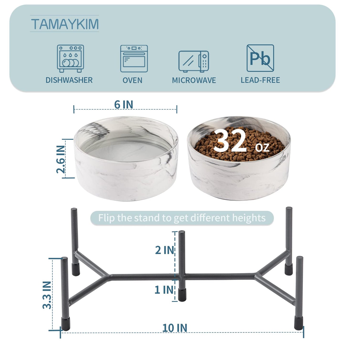Cuencos de cerámica para perros y gatos de 32 onzas con soporte de metal elevado, juego de cuencos redondos de porcelana de 6 pulgadas, cuencos de alimentación para mascotas para gatos y perros, gris mármol, juego de 2