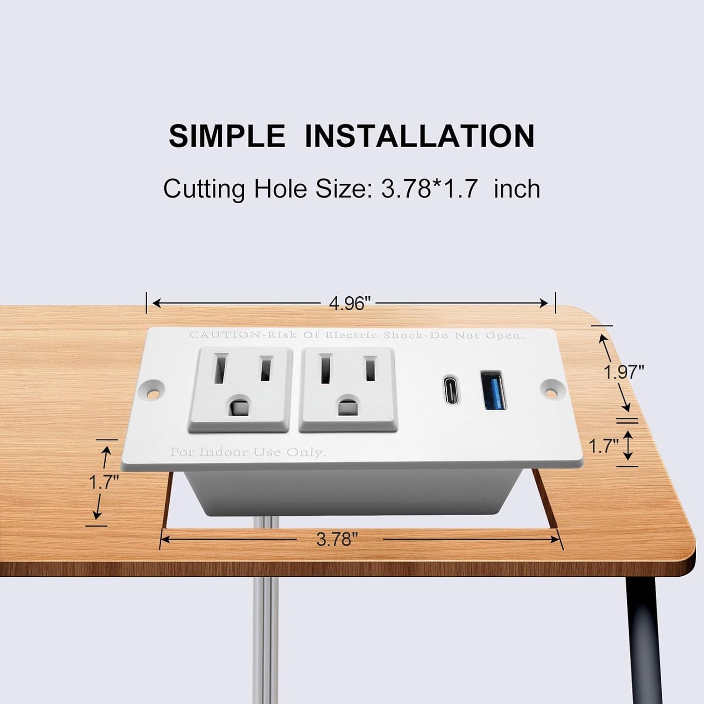 Tira de alimentación empotrada USB C de 4 hojas, estación de energía de computadora de carga rápida, 2 tomacorrientes, 2 USB (PD20W y QC18W, total 20W), enchufe plano montable, cable de extensión de