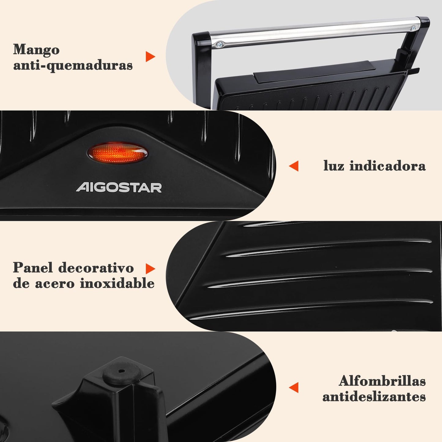 Aigostar Sandwichera Electrica, prensa de panini de doble cara, 750W, Recubrimiento Antiadherente, Con luz indicadora y fácil de limpiar.