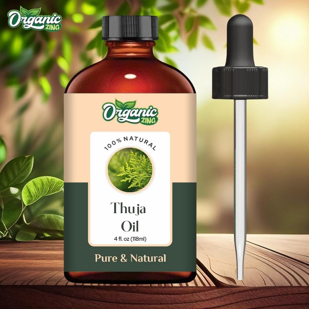 Organic Zing Thuja (Thuja occidentalis L.) Essential Oil Pure & Natural for Skin, Face, Hair Care, Aromatherapy, Diffuser, Conditioner- 118ml/3.99fl oz