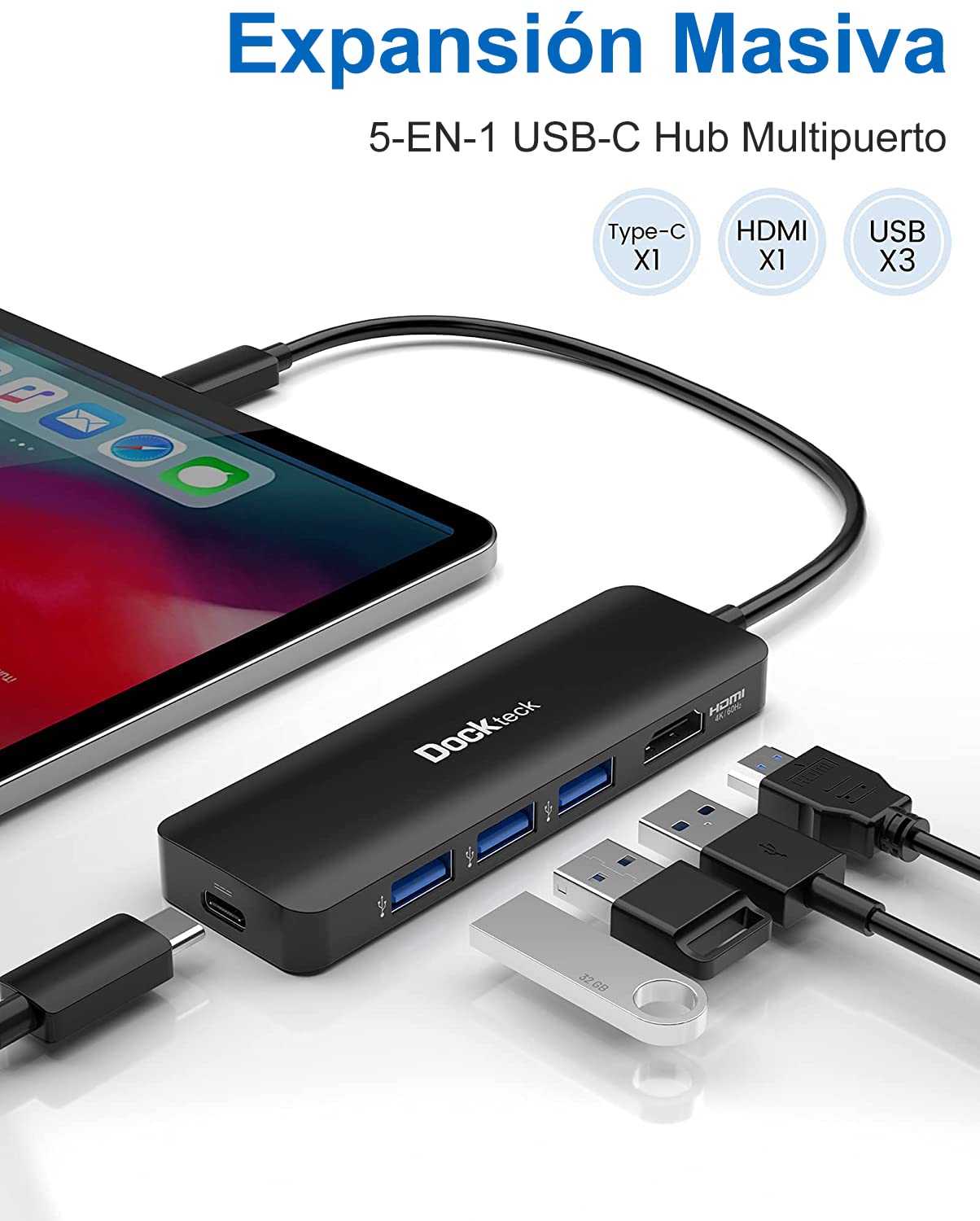 dockteck Hub USB C 4K 60Hz, Adaptador multipuerto USB C 5 en 1 con HDMI 4K, Suministro de energía de 100 W, 3 Puertos de Datos USB 3.0 para MacBook Pro/Air M1 2020, iPad Pro 2021, Surface Pro