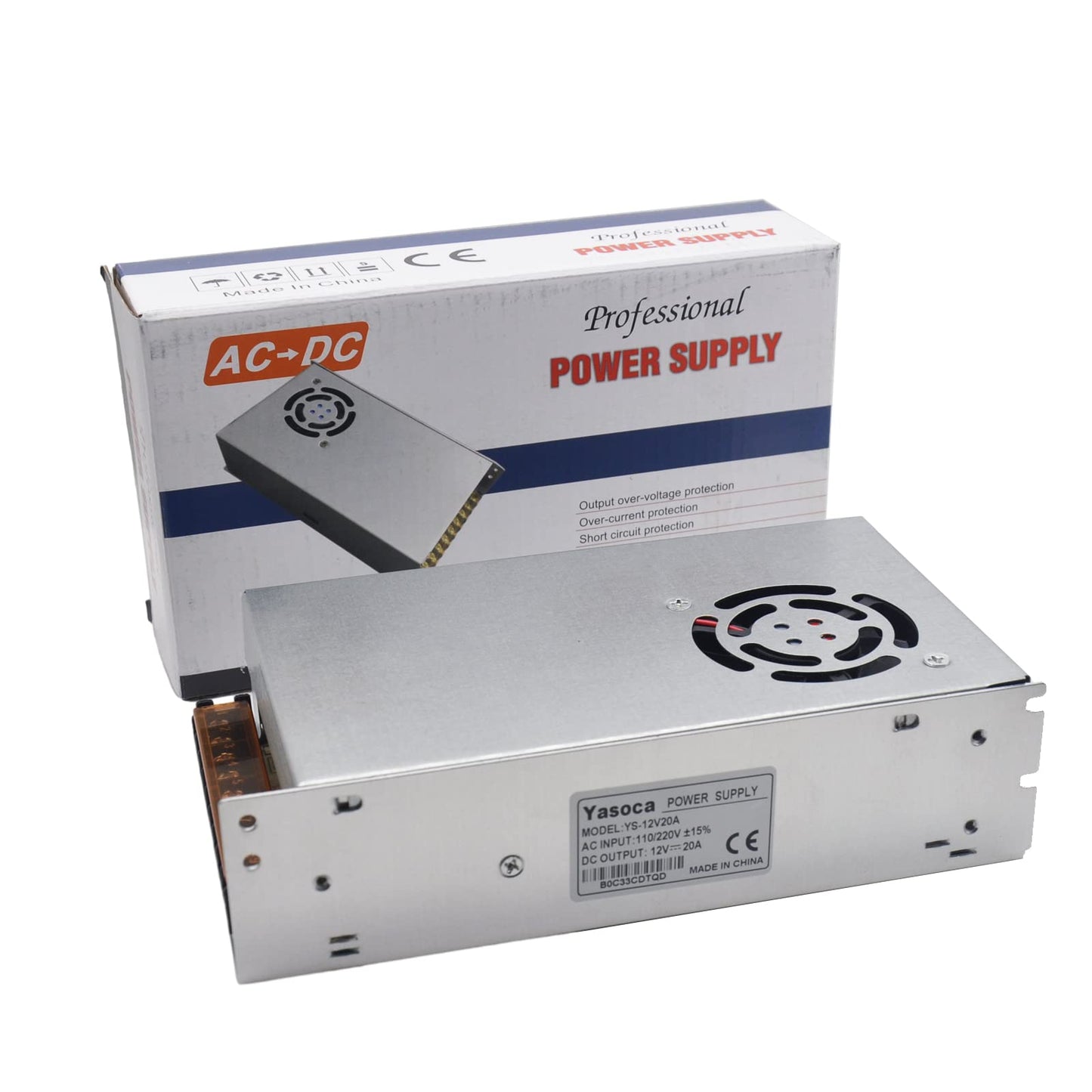 Yasoca - Fuente de alimentación de 12 V 20 A, adaptador universal de transformador de conmutación regulado para tira de luces LED, cámara CCTV y proyecto de computadora con convertidor de CA 110-240 V
