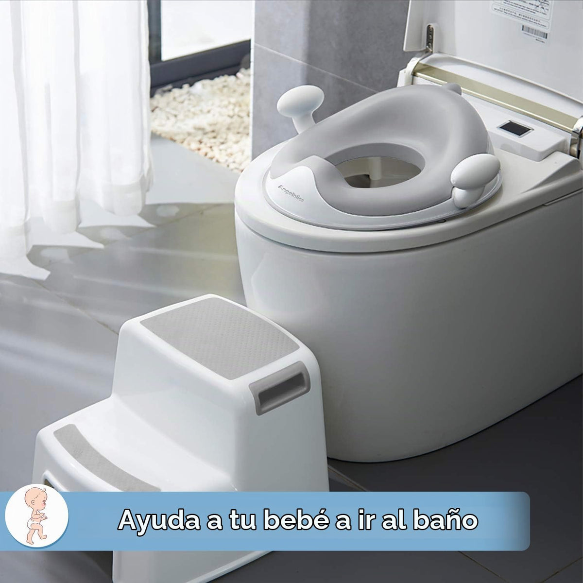 Angelbliss Asiento de inodoro infantil, para entrenamiento de Baby Potty, asiento de inodoro para niños y niñas, doble acolchado antideslizante, con asa y protección contra salpicaduras (Gris)