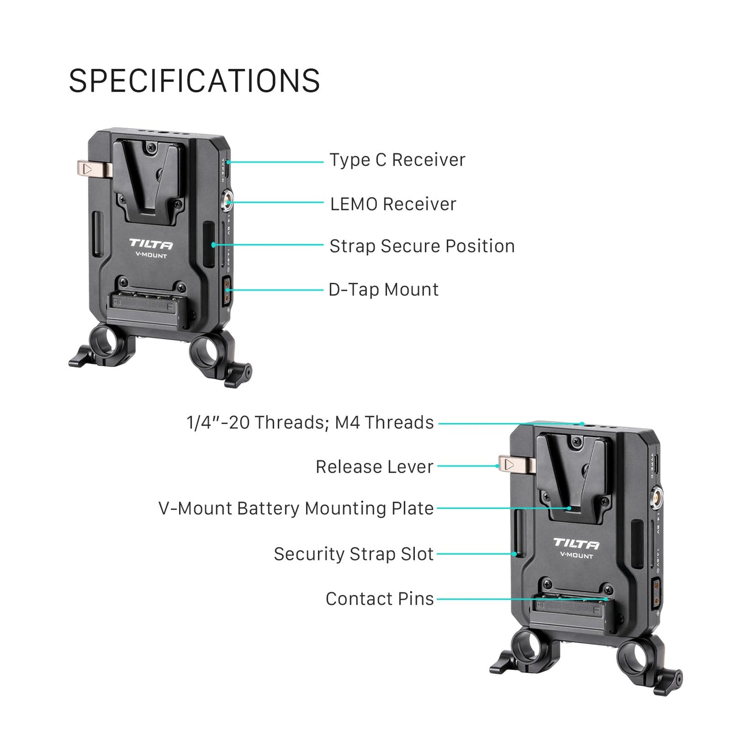 Tilta Placa De Batería para Montaje Mini PD V Incluye Conexiones P-Tap, USB-C Y Lemo De 2 Pines Compatible con Varillas Dobles Lws De 15 Mm | Características De Roscas 1/4” -20 Y M4 6 X 9 X 3.5 Negro