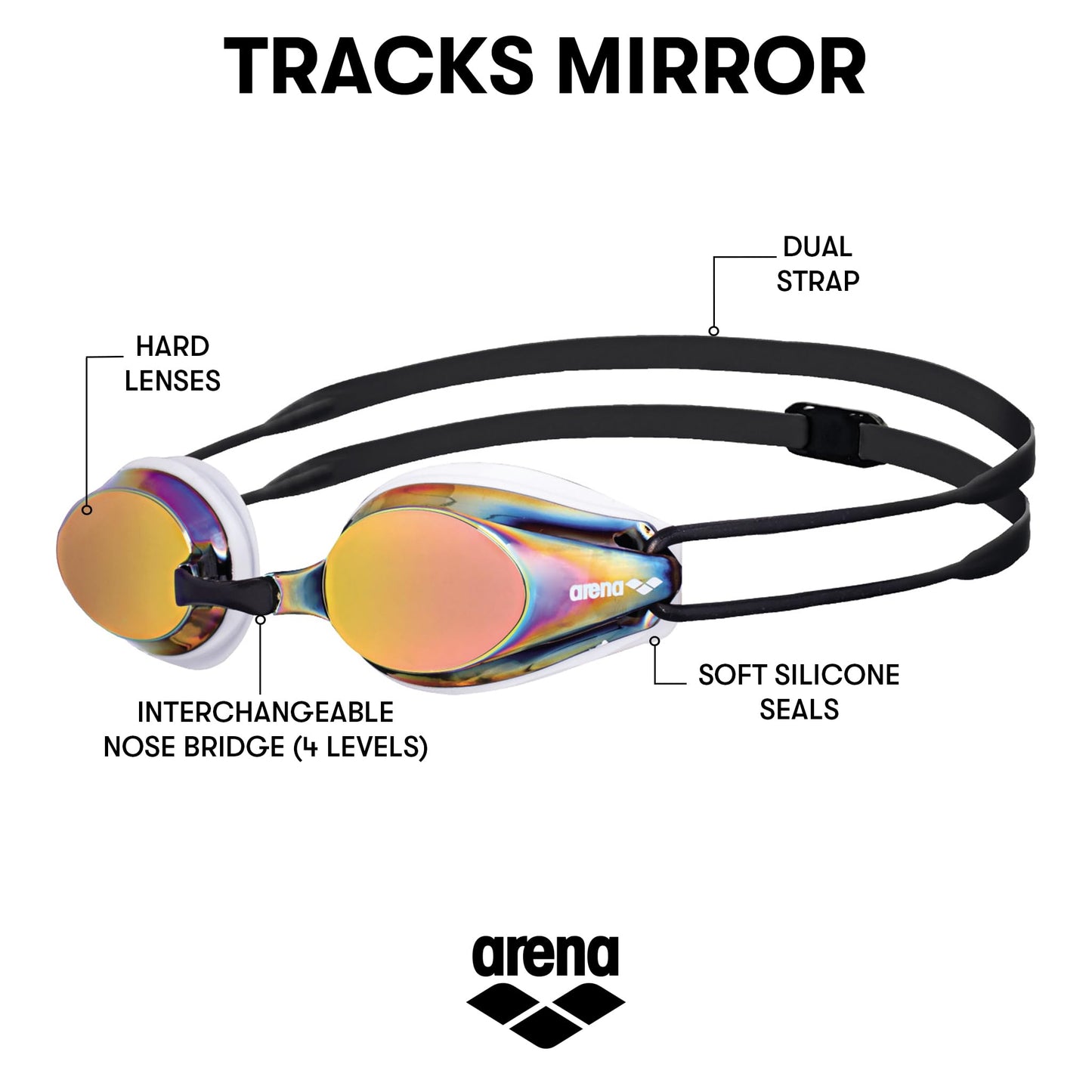 Arena Tracks - anteojos de natación con espejo, color blanco, rojo y negro