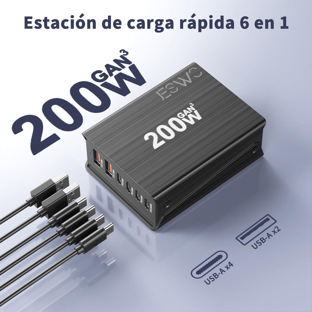 JESWO 200W Cargador USB C GAN, Cargador Tipo C Carga Rapida con 6 Puertos, Puerto de Carga USB c de 100 W y Tres Puertos de Salida PD30 W, compatibles con portátiles, tabletas y Otros Dispositivos