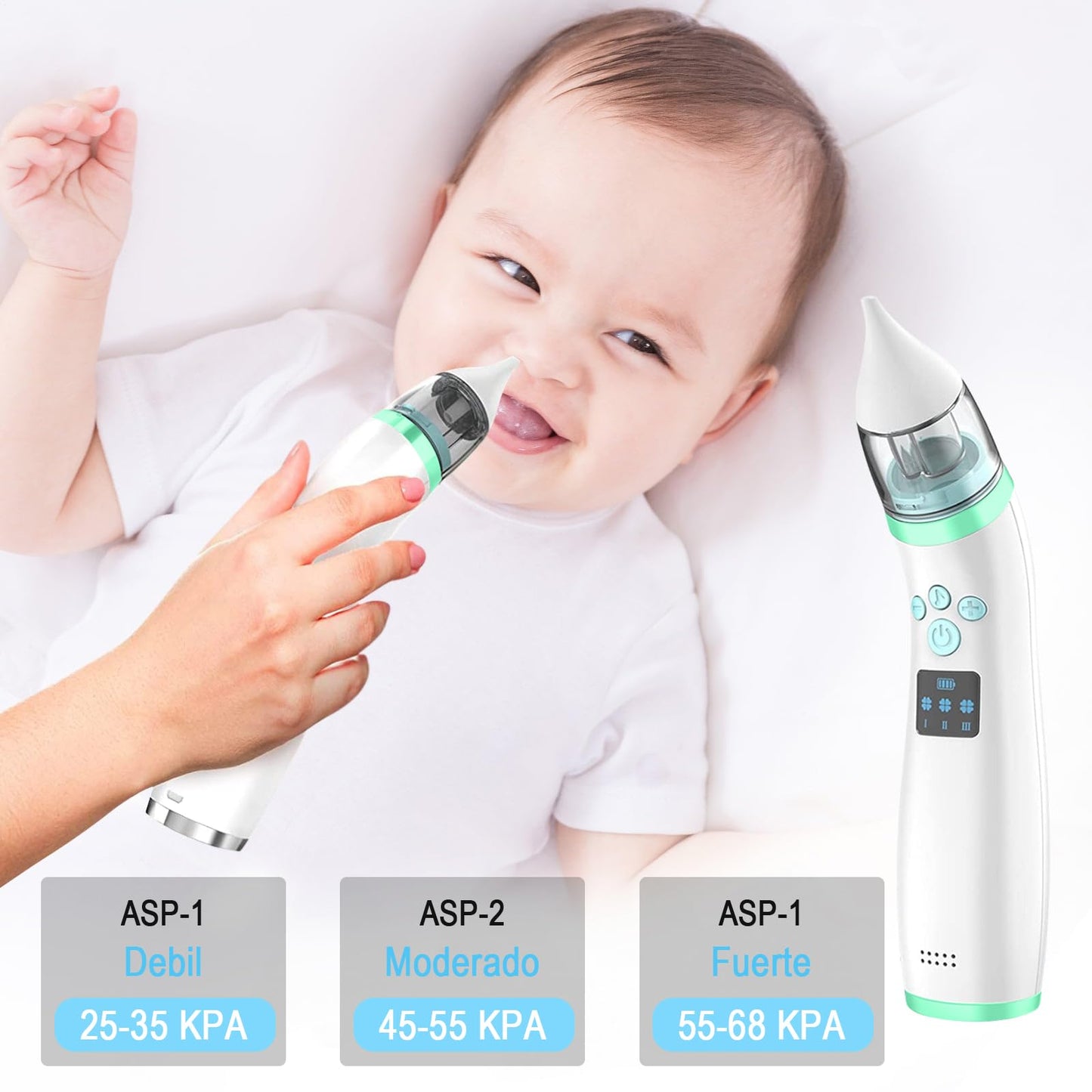 GQVOSXC Limpiador Nasal Eléctrico para Bebés, Saca Mocos para Bebe con Carga USB, Extractor de Mocos para Bebe con 2 Cabezales de Silicona, 3 Niveles de Succión Ajustables, Música y Calmante Ligera