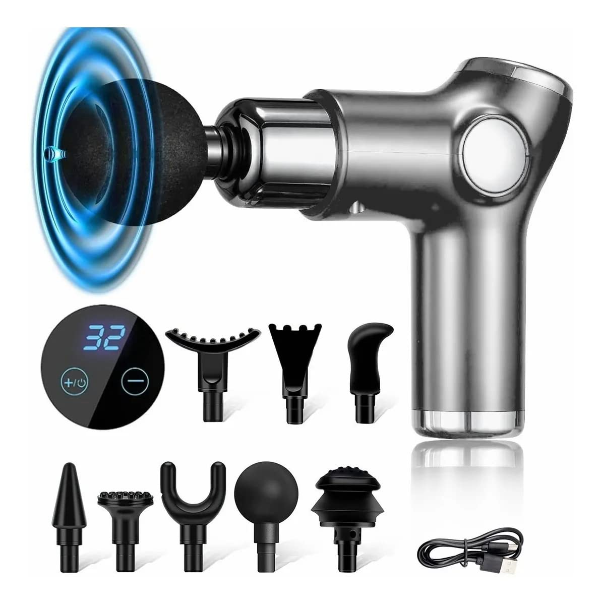 Pistola de Masaje, Mini Pistola Masaje Muscular con 32 Niveles Ajustable, Masajeador de percusión de Tejido Profundo silencioso con 8 Cabezales de Masaje, USB Recargable