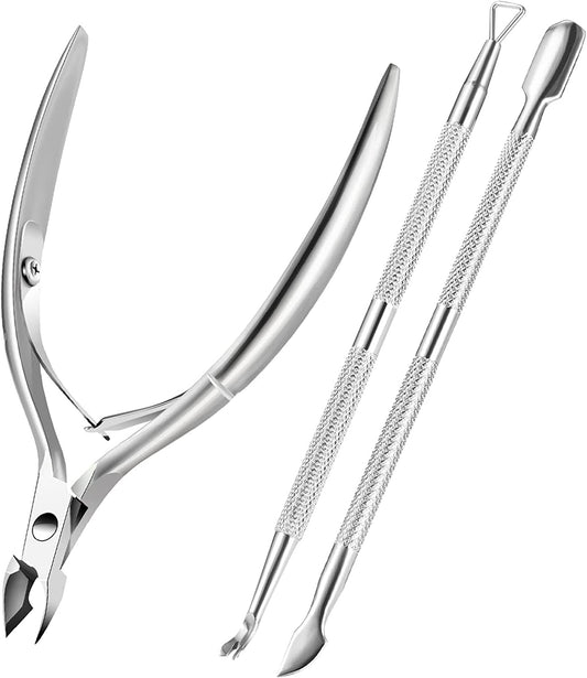 Triko Cortador y empujador de Cutícula profesional, Removedor de Cutículas, alicate, raspador y pulidor de uñas, Cortador de piel muerta, Herramientas de Manicure y Pedicure (Plata)