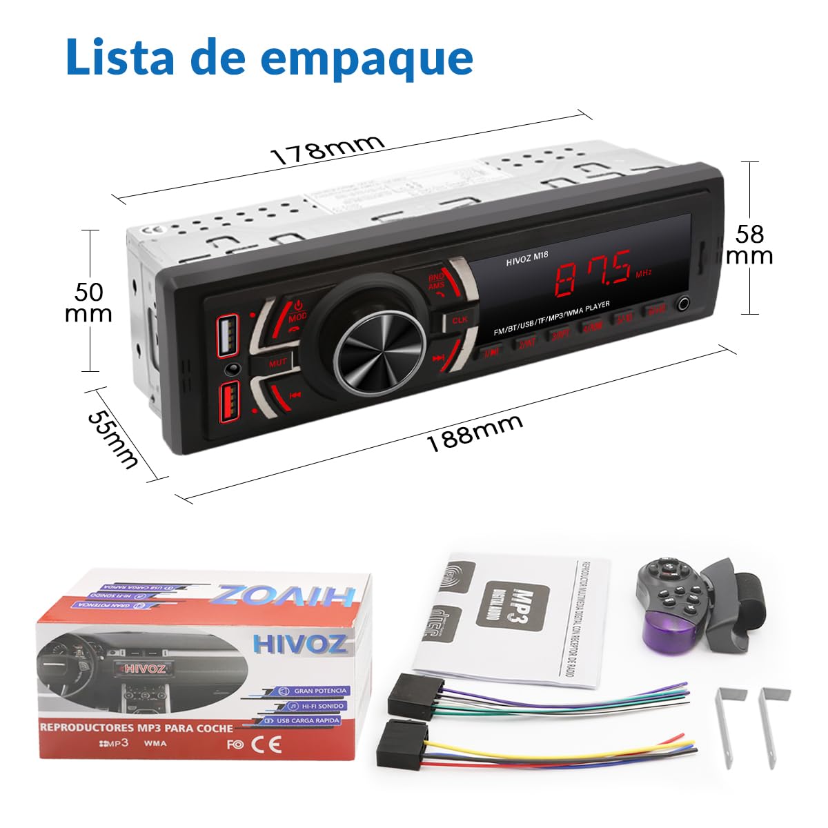 HIMICAR Estereo para Automovil MP3, Autoestéreo Bluetooth Llamada Manos Libres, Control por Voz, Dual USB, Bluetooth, FM, AUX, TF, Disco U, Micrófono Incorporado + Controles del Volante