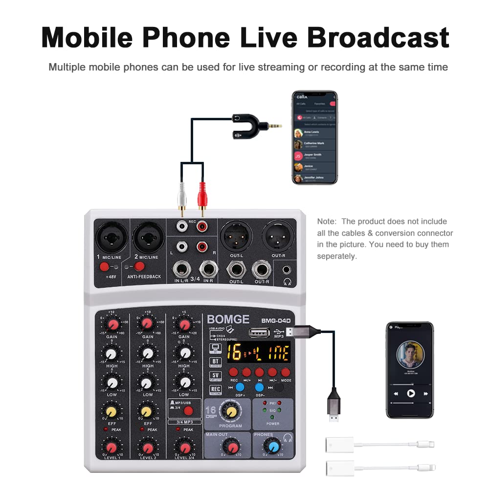 BOMGE 04D portátil Bluetooth 4 canales DJ mezclador de sonido de audio con interfaz USB, entrada de alimentación Phantom de 48 V, 16 efectos de eco para grabación, transmisión en vivo, canto (negro)