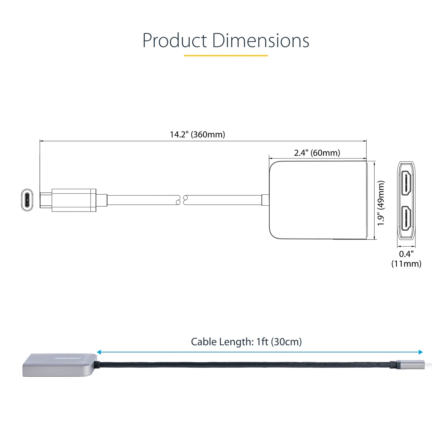 Adaptador USB-C a HDMI Dual StarTech.com Negro con Cable Extralargo Integrado para Notebook Solo Windows
