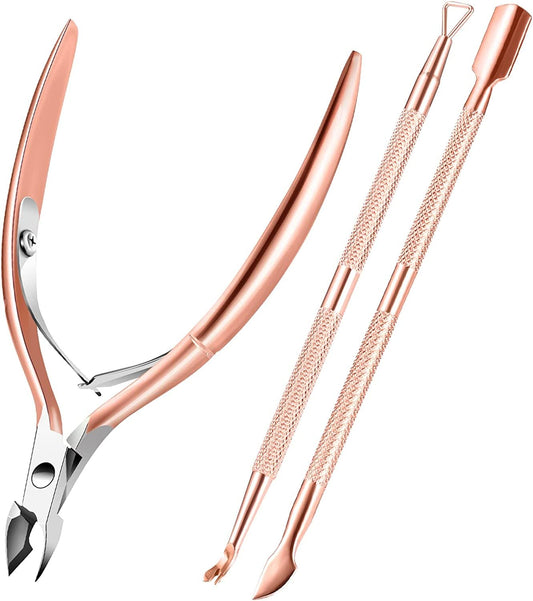 Triko Cortador y empujador de Cutícula profesional, Removedor de Cutículas, alicate, raspador y pulidor de uñas, Cortador de piel muerta, Herramientas de Manicure y Pedicure (Rosa)