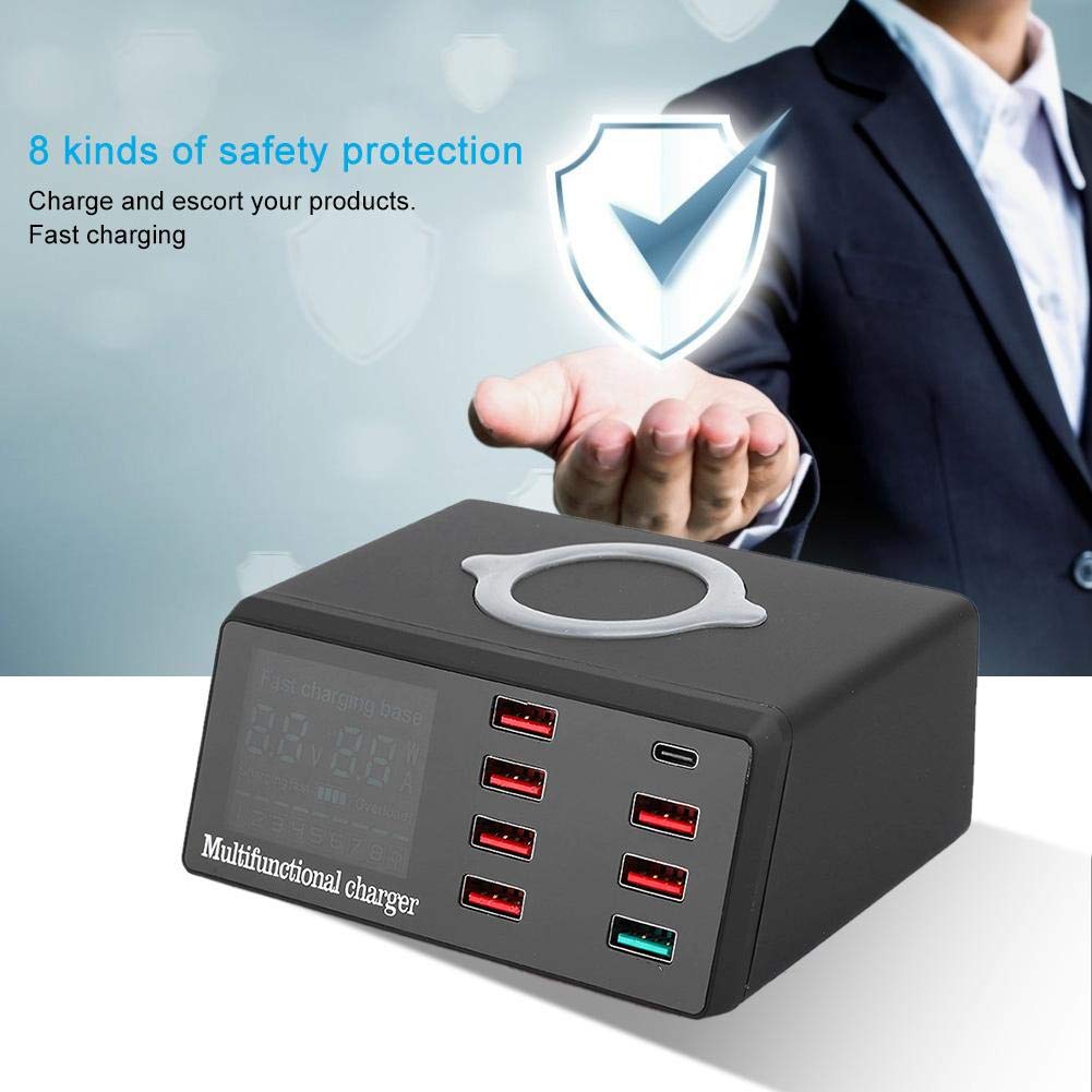 fosa1 Cargador inalámbrico de Pantalla Digital Inteligente, Cargador inalámbrico de Puertos múltiples QC3.0 Hub de estación de Carga de Escritorio con Puerto USB QC3.0(Negro US)