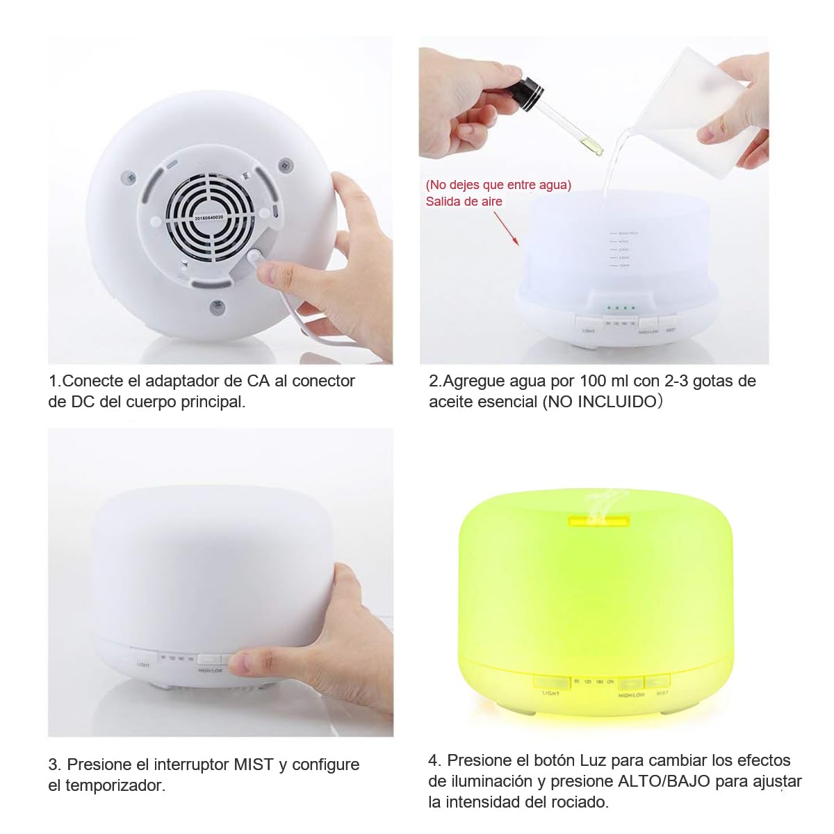 Salandens Difusor De Aceites Esenciales 500ML, Humidificador con 6 Esencias,Difusor De Aromas con 7 Colores De Luz Led,2 Niveles De Niebla,Control Remoto.