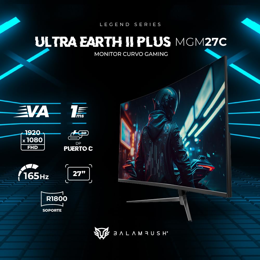 Balam Rush Monitor Gamer Curvo 27" VA/Ultra Earth II MGM27C / FHD R1800 / 180Hz / 1ms / F-Sync/G-Sync/Flicker-Free / 1xHDMI 1.4 + 1xDP 1.2 + 1xTipo C Display + 3.5 mm/VESA 100mm / Legend PEM Negro