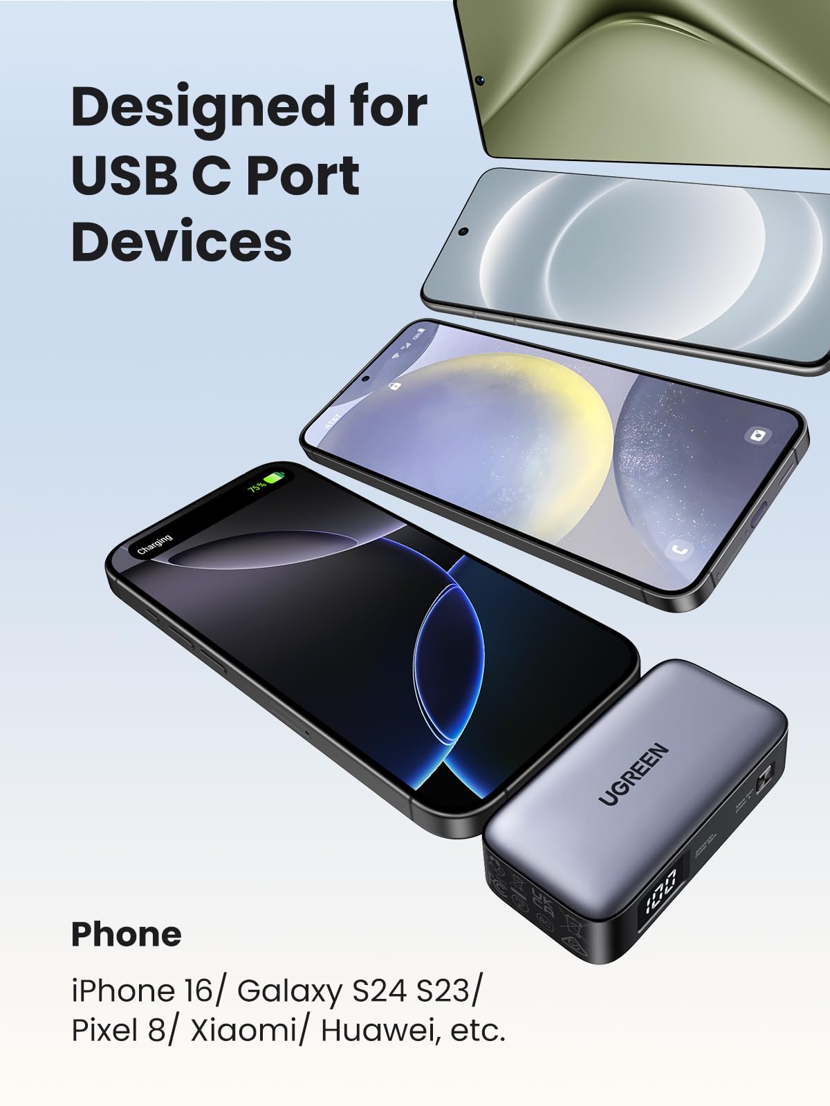 UGREEN 5000mAh Power Bank Integrado en USB C Puerto, Cargador Portátil Batería 22.5W Carga Rápida con Soporte, Pantalla LED Compatible con iPhone 16 15 iPad Pro Galaxy Pixel