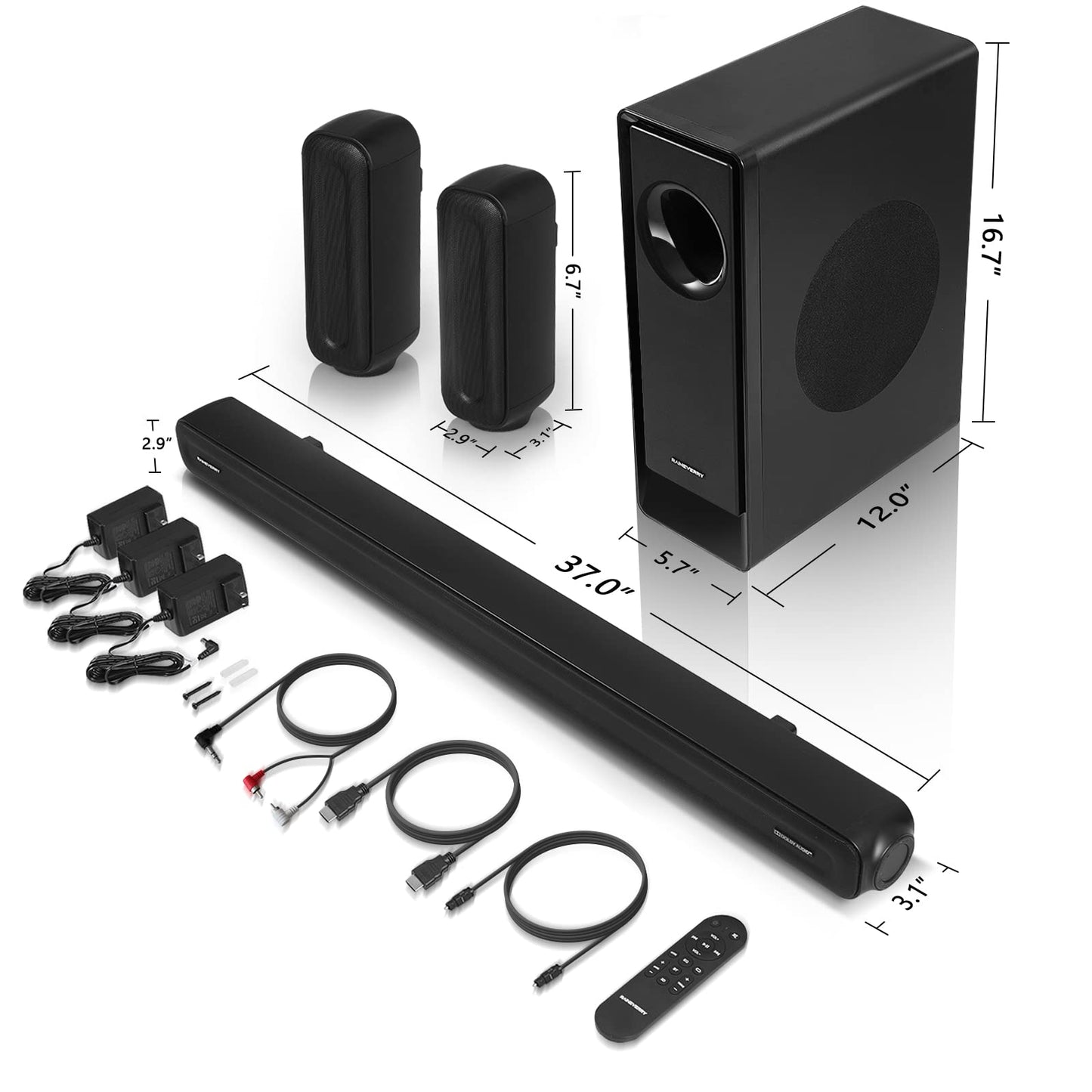 Barra de sonido envolvente de 5.1 CH con audio Dolby, barras de sonido para TV, subwoofer inalámbrico y altavoz trasero, Dolby Digital Plus, Bluetooth 5.0, sistema de sonido envolvente para cine en casa, televisores 4K y HD | HDMI y óptico