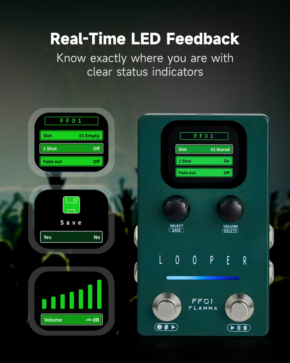 Pedal Looper FF01 FLAMMA Estéreo con 40 Ranuras y 160 Minutos para Guitarra Eléctrica y Bajo