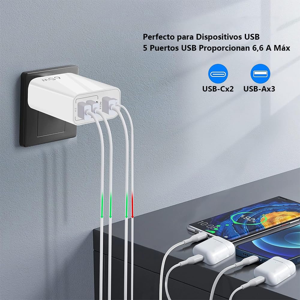 Jiula 65W 5 en 1 Cargador Carga Rapida Tipo C con Cable 1.5M - Cargador Carga Rapida para iphone14/13/12/11/Pro/Samsung/Xiaomi/Huawei/Motorola. Etc (65W,iPhone C)
