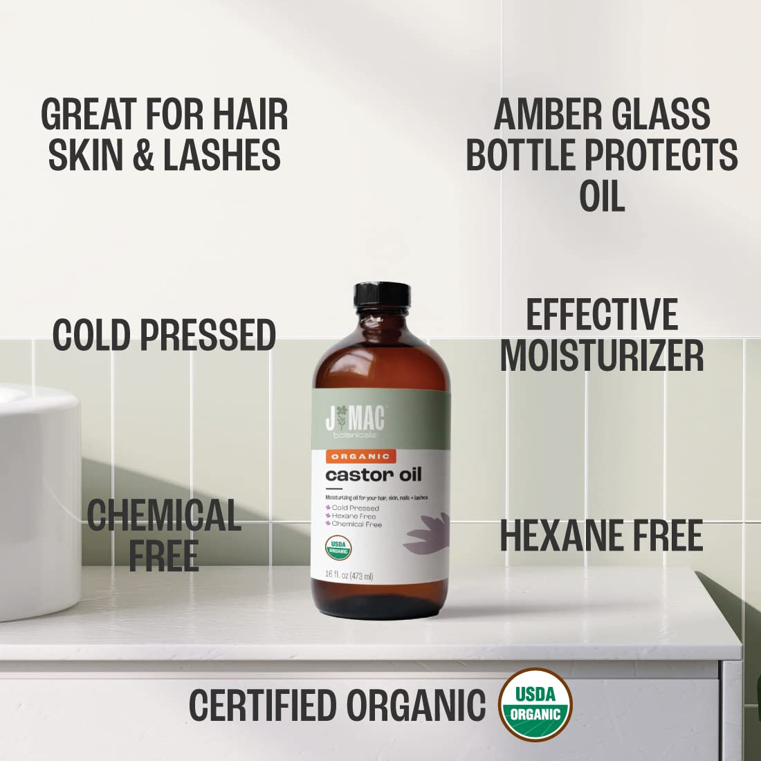 Mosole J MAC BOTANICALS Organic Castor Oil (Glass Bottle, 16 oz)L8