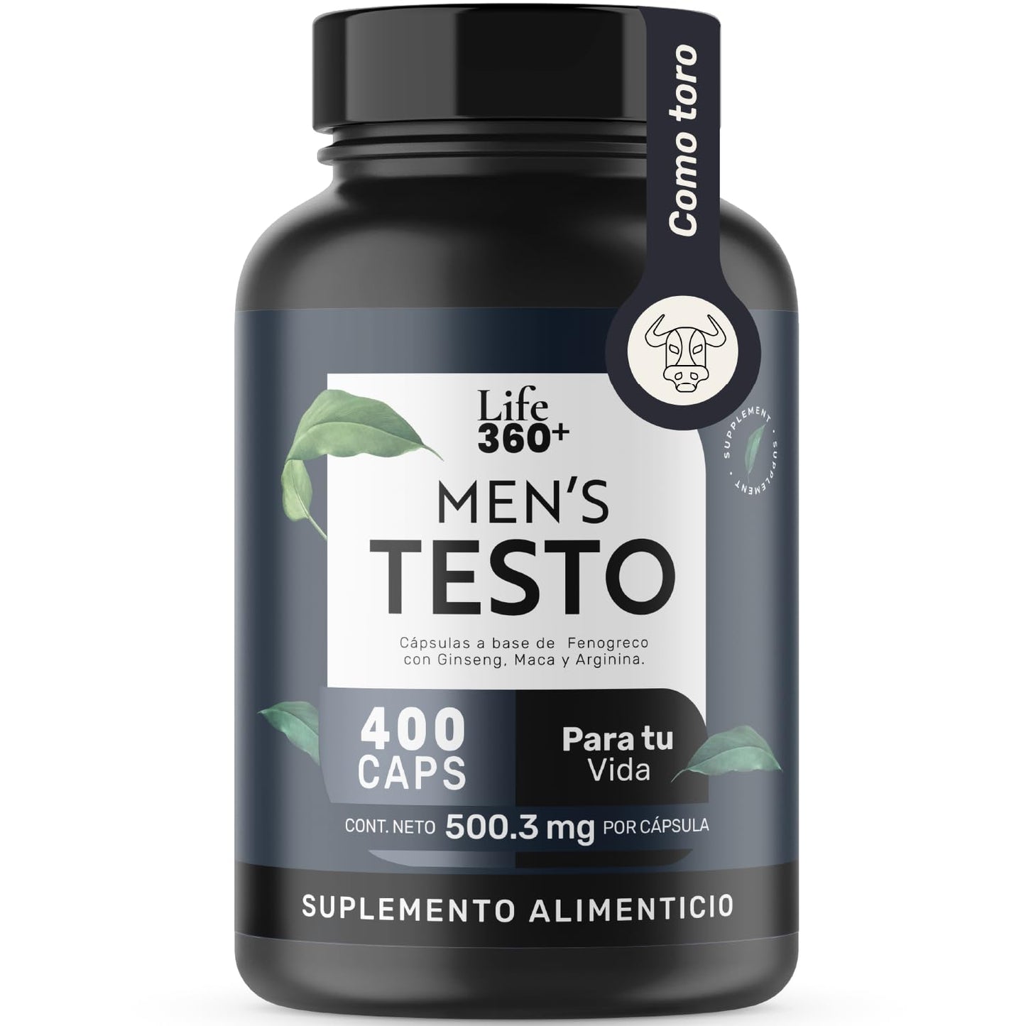 LIFE 360+ Mens Testo | 400 Cápsulas por envase | Fenogreco, Maca Negra, Maca Roja y Amarilla, L-Arginina, Zinc, Vitamina D, Magnesio, Ginseng y Guaraná | Suplemento Alimenticio 1 cápsula por porción