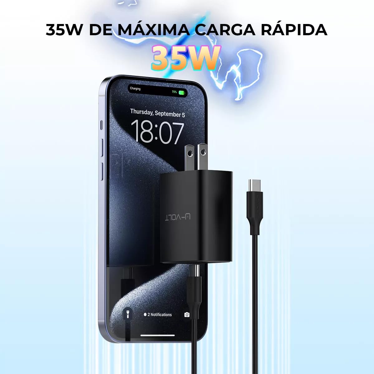 Genérico Cargador para iPhone 15 y 16, U-Volt. Carga Ultra rapida de 35w USB-C con Cable de 1m. Compatible con iPhone iPad Pro y 10, Samsung, xiaomi, Huawei Mod 2025.