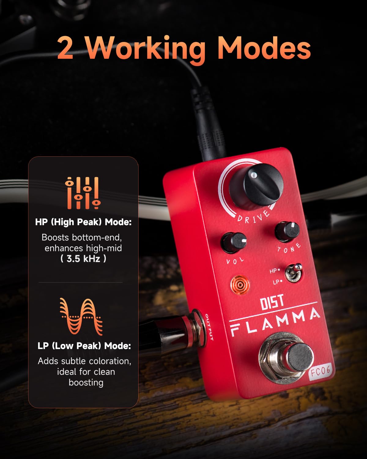 Pedal de Distorsión Flamma FC06 Rojo con Carcasa de Metal y True Bypass