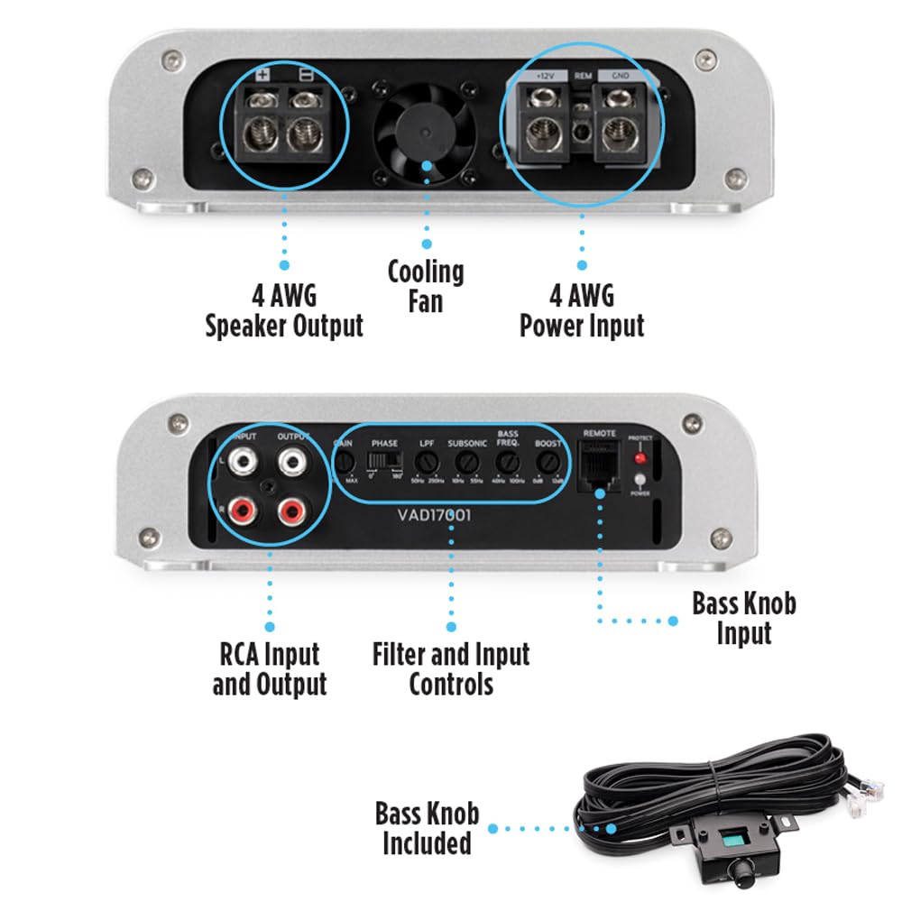 Amplificador Monoblock NVX 1700W RMS Clase D con Control de Bajos para Automóvil/Marino/Deportes Acuáticos