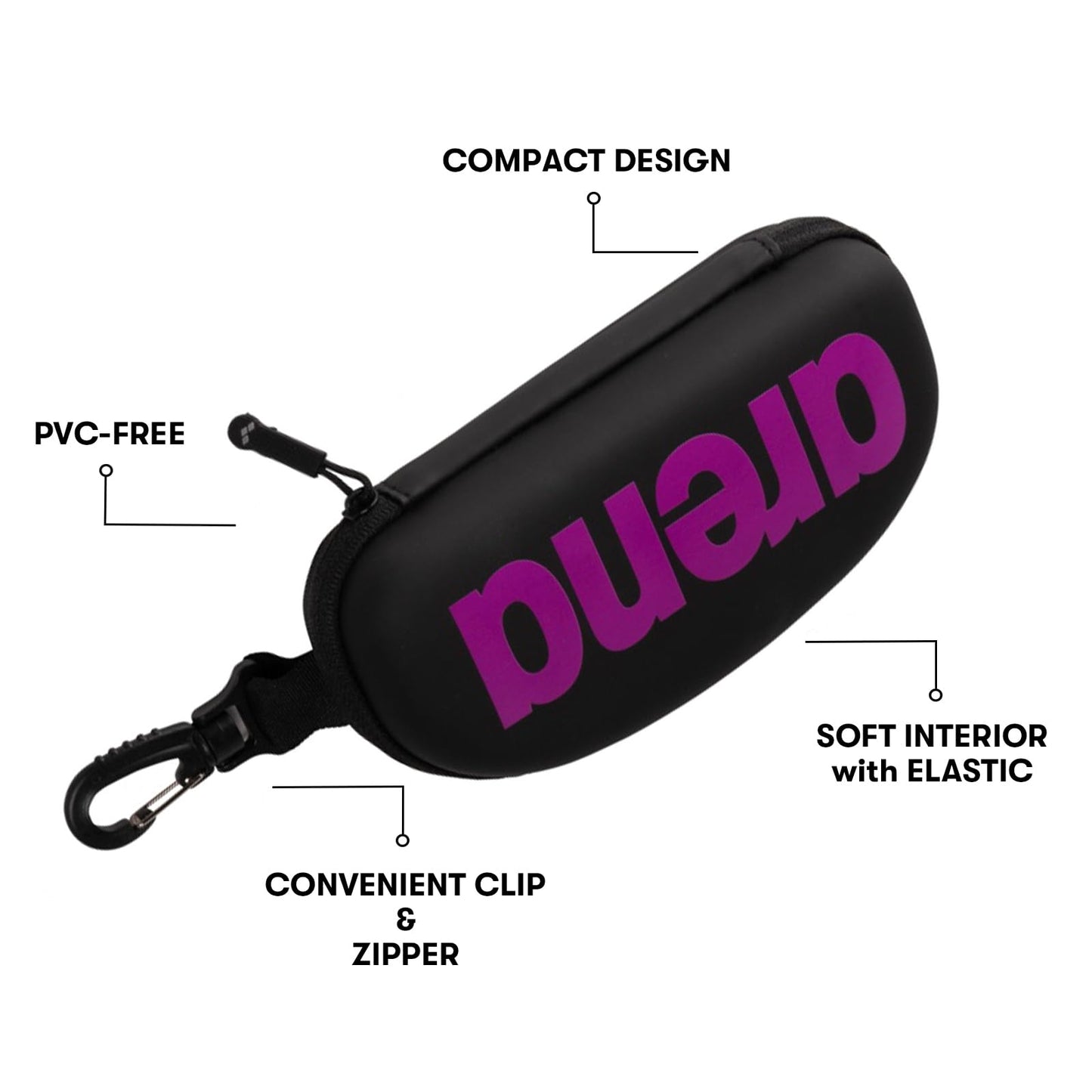 ARENA - Funda protectora para anteojos de natación con clip para mochilas, almacenamiento y transporte, color negro y morado