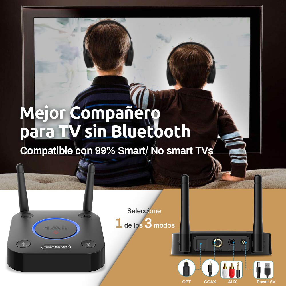 Transmisor Bluetooth 5.2 1Mii Negro con Entrada Óptica y Largo Alcance para TV