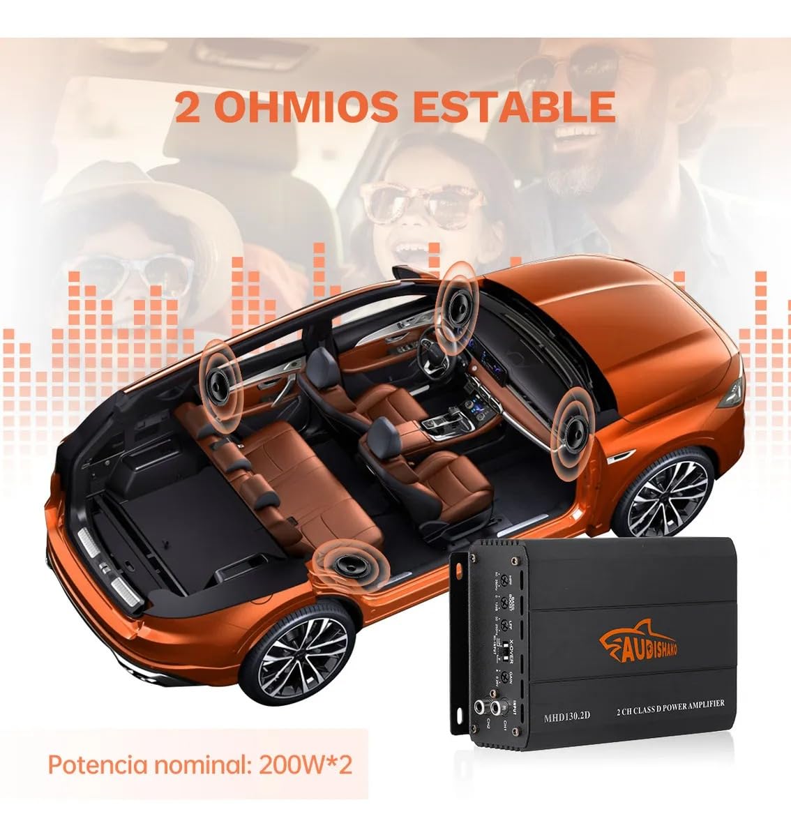 AUDISHAKO 800W Amplificador de Audio para Coche de 4 Canales,Amplificador para Auto de Clase D, 2 Ohm 260W x 2 Canales, Coches Deportivos y Otros Sistemas de Audio
