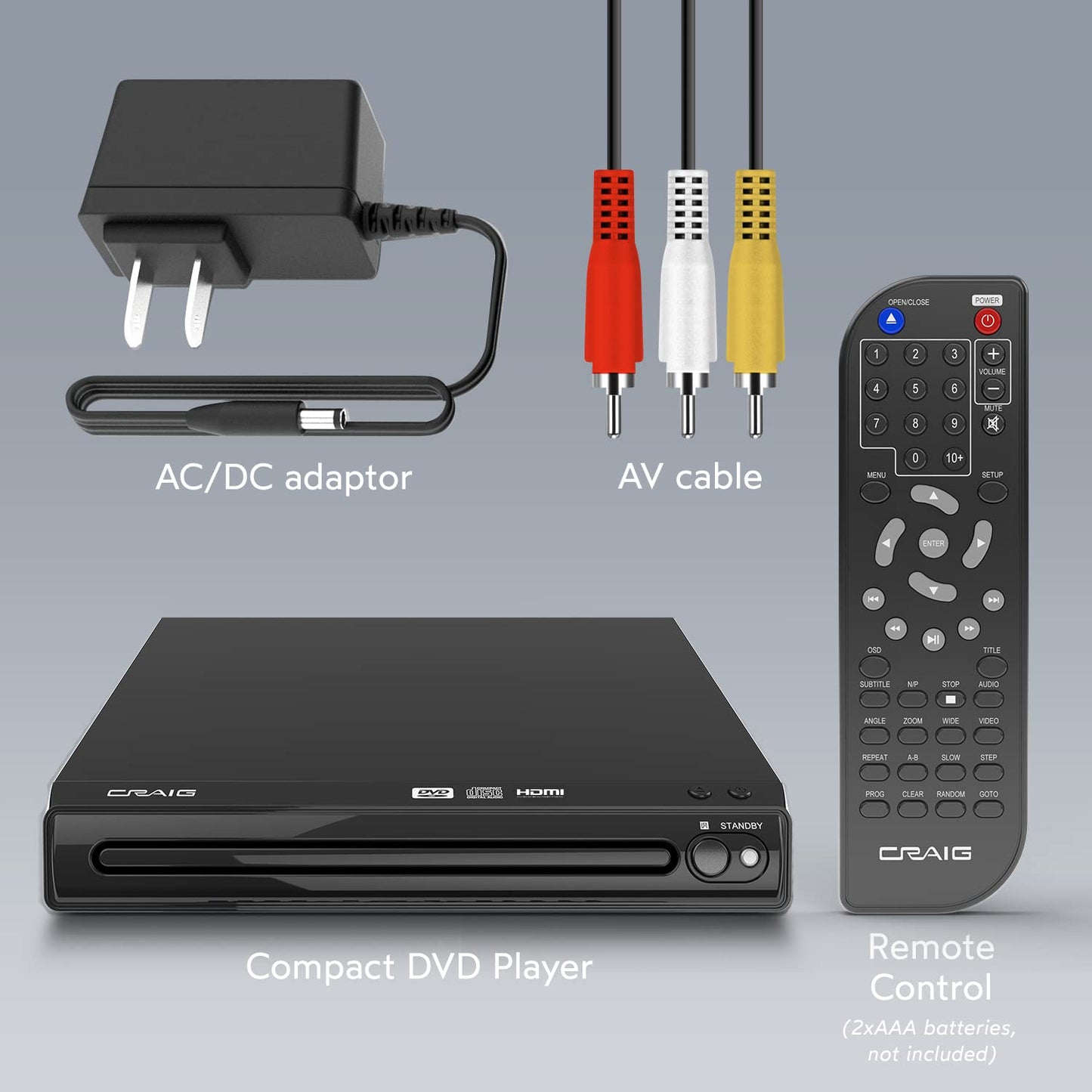 Craig CVD401A Reproductor de DVD HDMI Compacto con Control Remoto en Negro | Compatible con DVD-R/DVD-RW/JPEG/CD-R/CD-R/CD-R/CD, escaneo Progresivo, conversión Ascendente a 1080p |