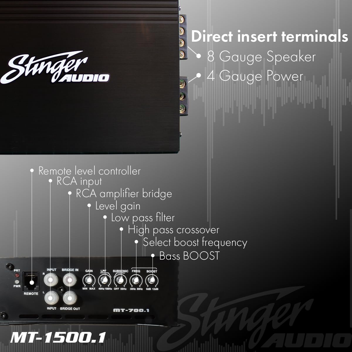 Amplificador de Audio Monobloque Stinger Negro con Control Remoto de Graves para Coche