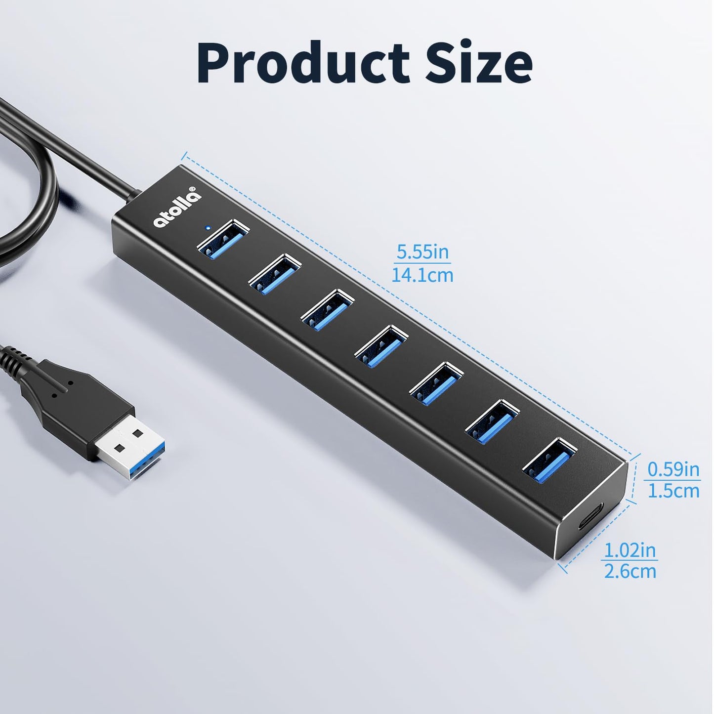 atolla 7 en 1 Hub USB 3.0, 7 Puertos Multi USB de Aluminio con Cable Extensión de 1m, Adaptador de 5Gbps USB A para PC, Laptop, PS4, PS5, Xbox, Disco U, Impresora, Ratón, Teclado etc.