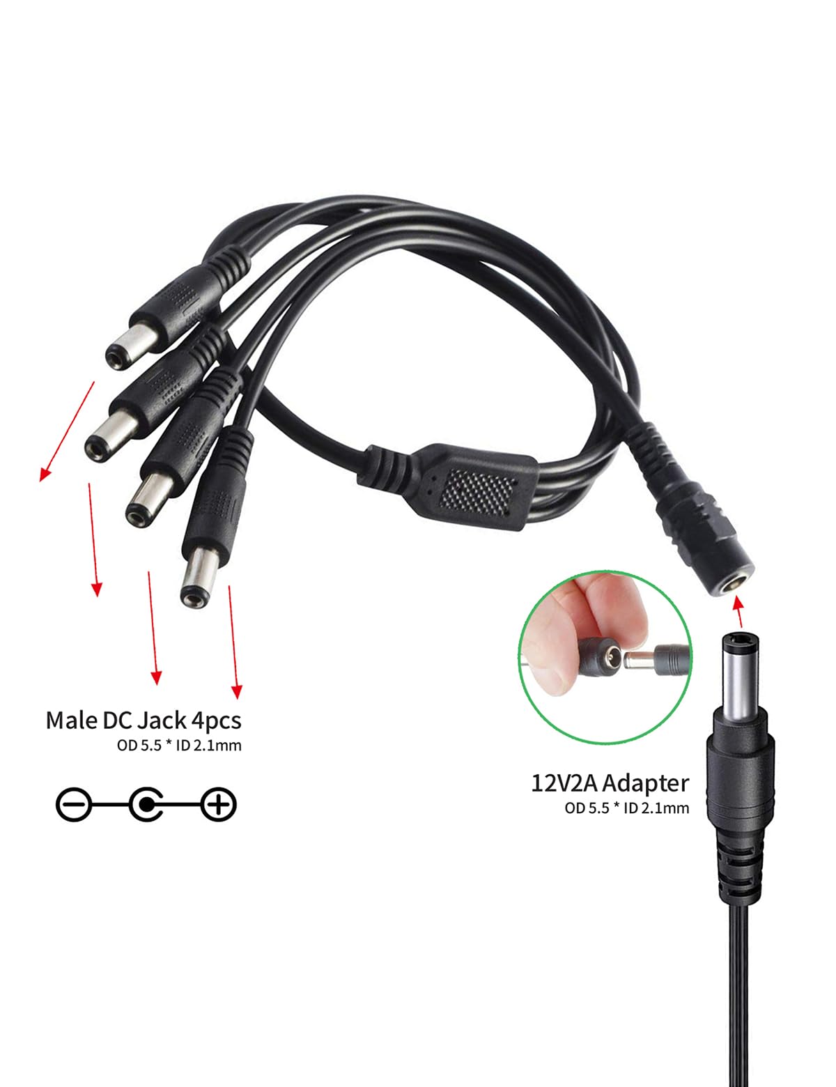 Lonnky - Cargador 12v, Adaptador de Corriente para Cámara de Seguridad DC 12 V 2 A con Divisor de 1 a 4 Potencias para Sistema de Cámara de Seguridad CCTV, Certificado ULFCC para América del Norte