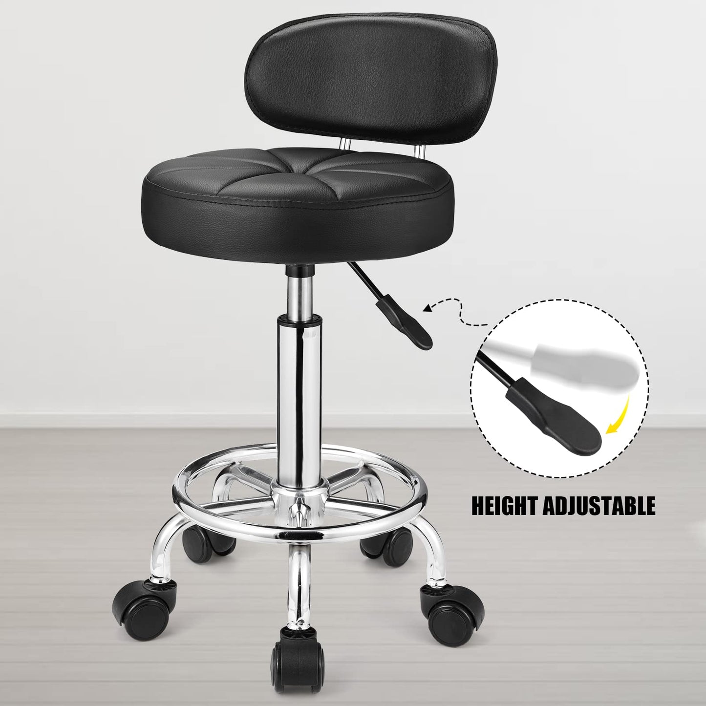 HMTOT Taburetes giratorios con ruedas, altura ajustable, respaldo de banco de spa, color negro