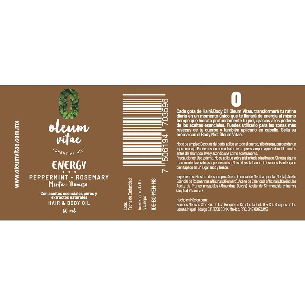 OLEUM VITAE Aceite Hidratante para Cabello y Cuerpo con Aceites Esenciales de Menta y Romero presentación 60 ml botella de vidrio ámbar para la protección de los ingredientes naturales