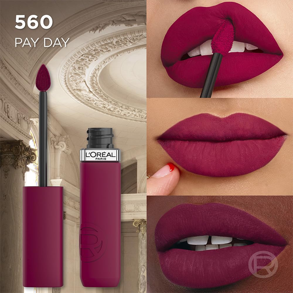 L'Oréal Paris, Infallible Le Matte Resistance, Labial Líquido Mate Larga Duración 16hr, Color Intenso con Ácido Hialurónico, Tono Pay Day 560, 5ml