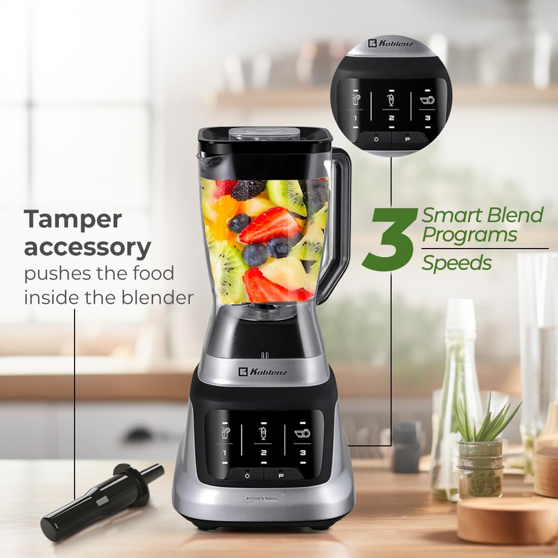 Koblenz Licuadora Profesional LKM-9406, 1200 W, 6 Programas de Licuado, Ultra Silenciosa, Vaso Plástico de 2 L, para Smoothies, Licuados, Jugos y Salsas, Incluye Accesorio, Licuadora para Batidos