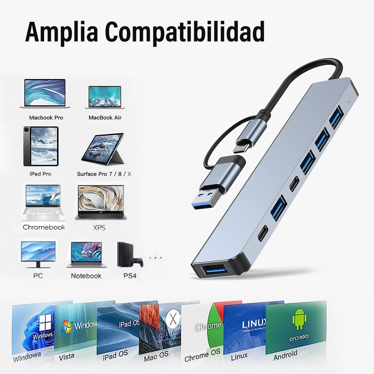 Hub USB C 3.0 7 en1, Adaptador USB a Tipo C Multipuerto con 1 Puerto USB 3.0, 4 Puertos USB 2.0, 2 Puerto Tipo C, Adaptador para MacBook Air/Pro iPad y Más Dispositivos PC/Laptop/Tablet