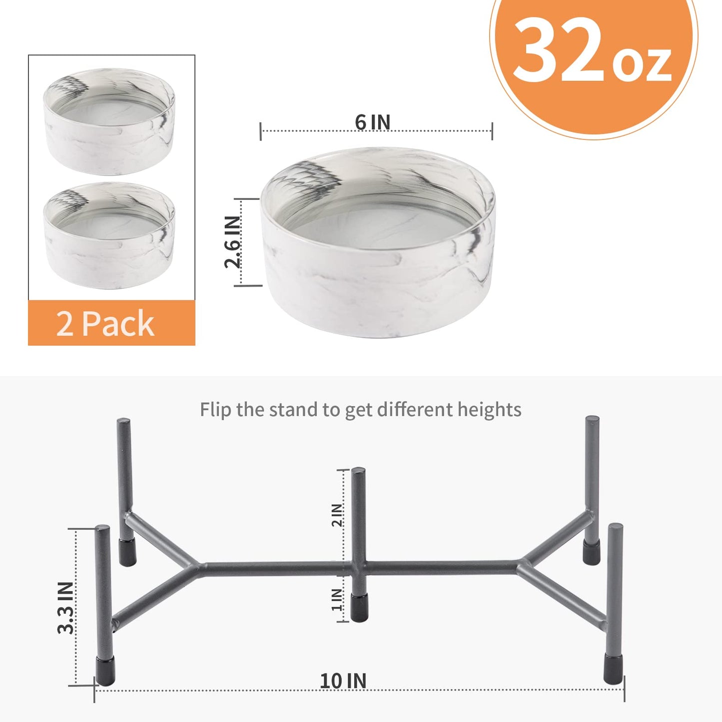 AOMRYOM tazón elevado de cerámica para perros y gatos de 6 '' con soporte de hierro, cuencos modernos elevados de comida y agua para gatos y perros, comedero de porcelana sin derrames, juego de 2