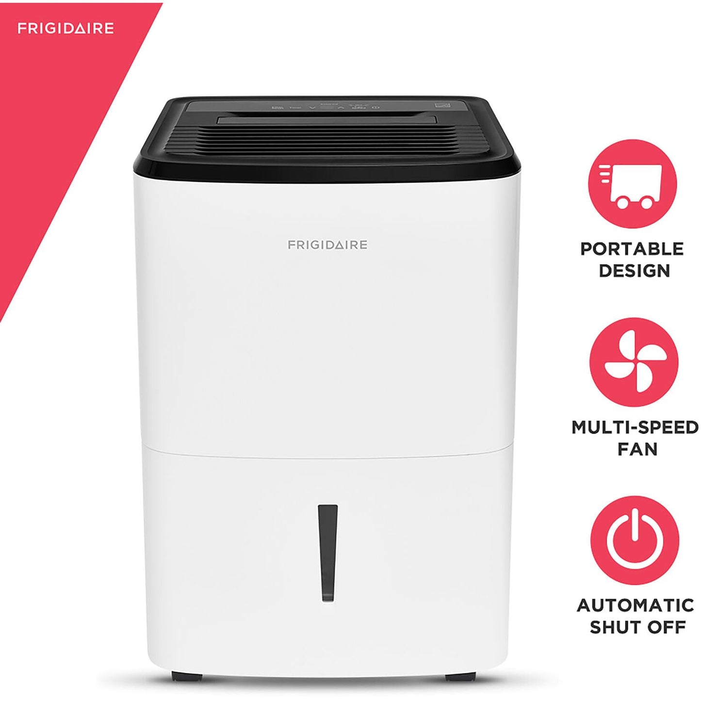 Frigidaire Deshumidificador portátil de 50 pintas para sótano, hogar y ático, 115 V, amortiguador silencioso de humedad para control de humedad con apagado automático y cubeta de agua extraíble/opción