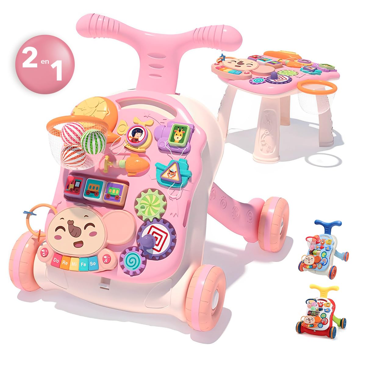 Andadera Musical Raganet Rosa 2 en 1 con Mesa de Actividades y Panel de Juego Extraíble para Bebés