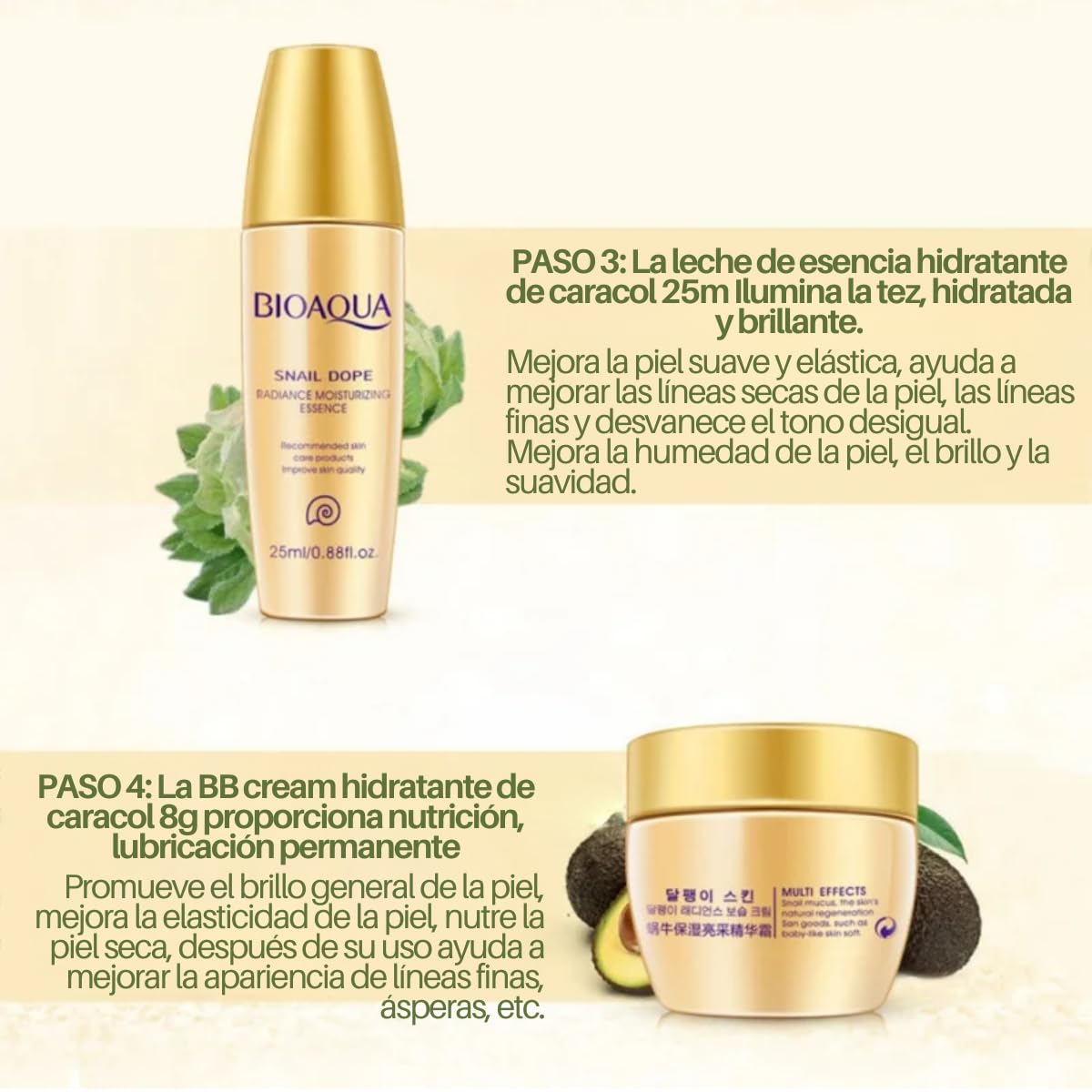 Kit Aclarante y Humectante Cuidado Facial Rutina Completa Baba de Caracol y Colageno Alta Concentración, Rejuvenecedor Loción de Día, Ácido Líquido, Esencia Facial, Crema Antiarrugas para Ojos Paquete 5 Piezas