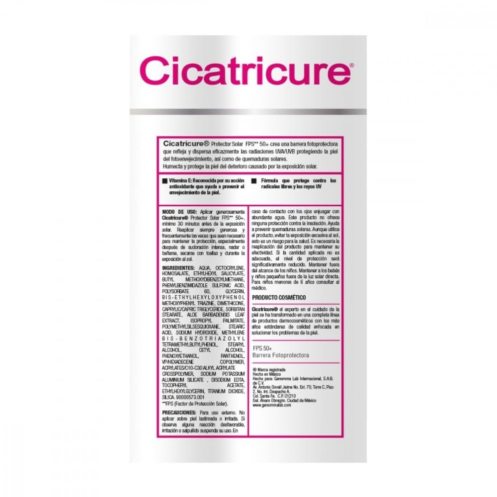 CICATRICURE - Protector Solar FPS 50 y Pantalla Solar. Crema con acción humectante e hidratante con protección UVA/UVB, para uso en cara y cuerpo, presentación con 125g