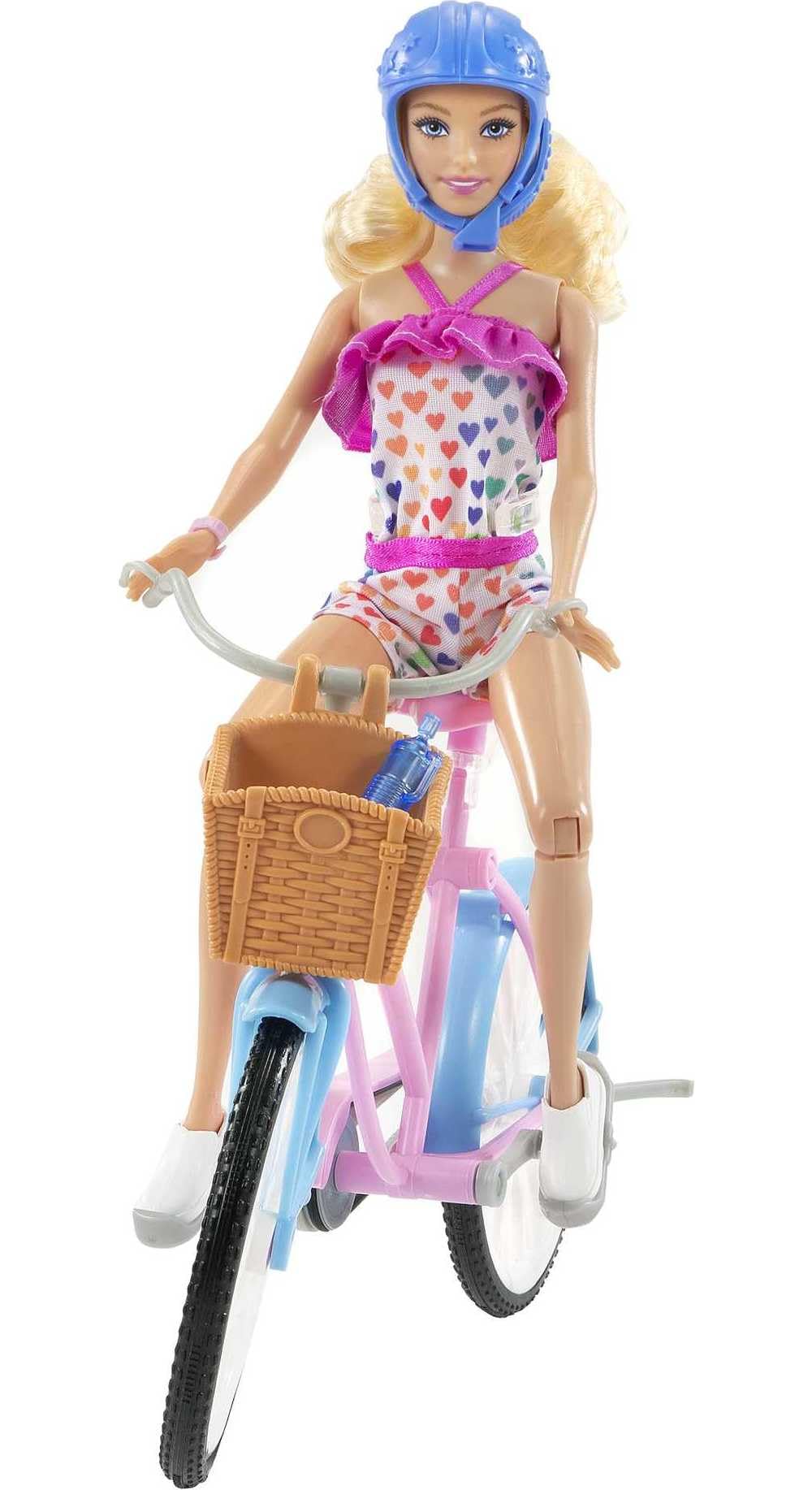 Barbie, Set de Juego, Bicicleta con Muñeca, para Niñas de 3 Años en Adelante, Mattel, Diseño Rosa y Azul, Canasta de Dulces, Caderas, Brazos y Rodillas se doblan