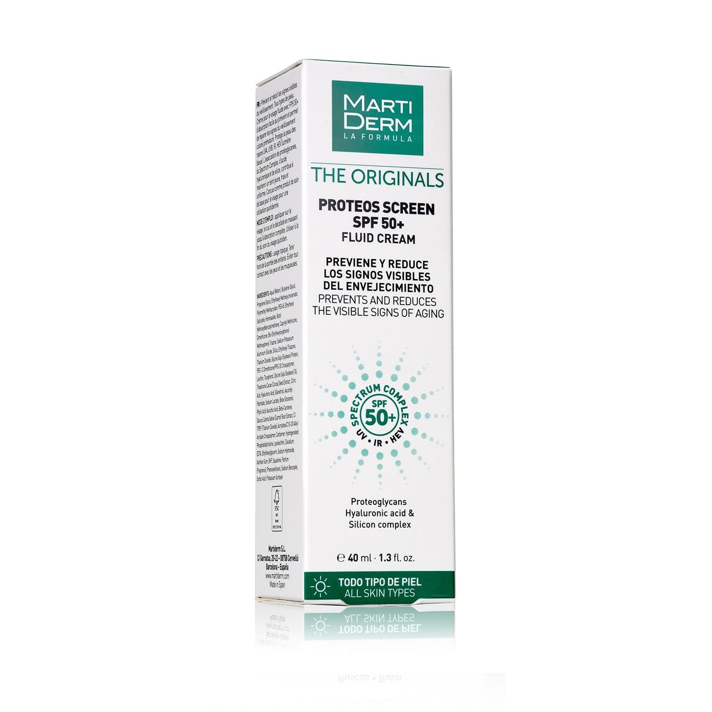 MartiDerm Proteos Screen SPF 50+ - Crema antiedad con protector solar de rápida absorción - Proteoglicanos + Ácido hialurónico y Silicio + Sprectrum Complex - Previene y reduce los signos del envejecimiento - 40 ml