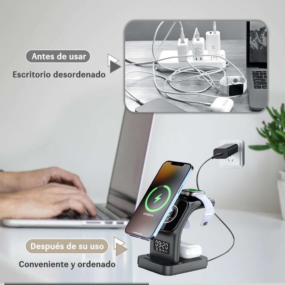 AHED Cargador Inalámbrico Magnético 5 en 1, Estación de Carga de 15W con Luz LED, Compatible con Magsafe, Adecuado para iPhone 15/14/13/12/11/10/9/8/SE/Pro/ProMax/Mini, AirPods, iWatch (Blanco)